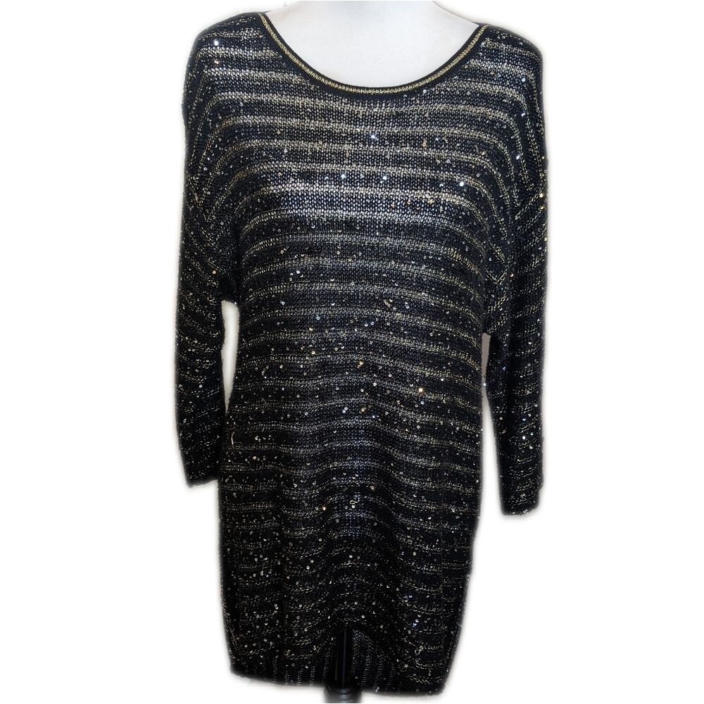Chico's black & gold stripe open knit sweater, sequins, sheer, 3/4 sleeve 2 (12)